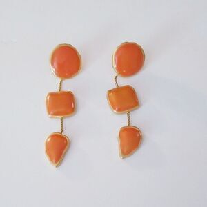 Vintage Gold orange enamel triple stone dangle earrings
